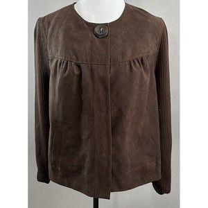 Studio Works Womens 12 Dark Brown Blazer Faux Suede Long Rib Knit Sleeve Jacket